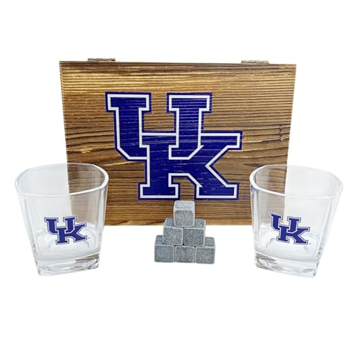 Decorvo Officially Licensed Collegiate Whiskey Glass Set - Includes Wooden Box with Logo and 6 Whiskey Rocks (Kentucky)