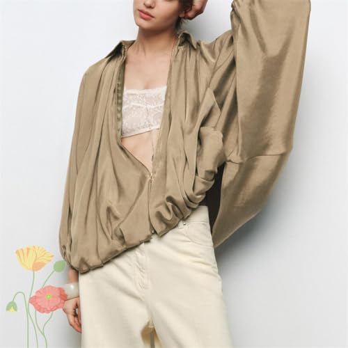 Balloon Sleeve Jacket for Women, Batwing Sleeve Lapel Collar Zip Front Pleated Shirts, Women's Puffed Bomber Jacket Oversized4