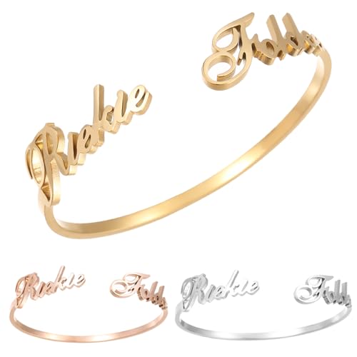 Personalized Cuff Bracelet Personalized Bangle with Heart or Double Name Design Engraved Message, Quote or Name Silver, Gold or Rose Gold Colors Thoughtful Jewelry Gift for Birthday, Anniversary, Valentine’s Day