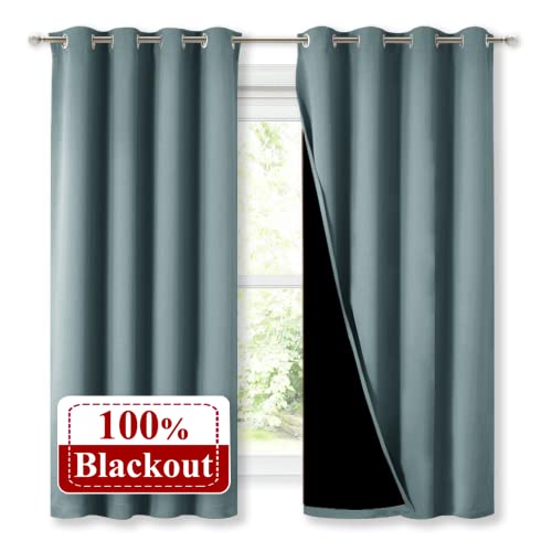Image of NICETOWN 100% Blackout Curtains with Black Liners, Thermal Insulated Full Blackout 2-Layer Lined Drapes, Energy Efficiency Window Draperies for Bedroom (Greyish Blue, 2 Panels, 52-inch W by 63-inch L)
