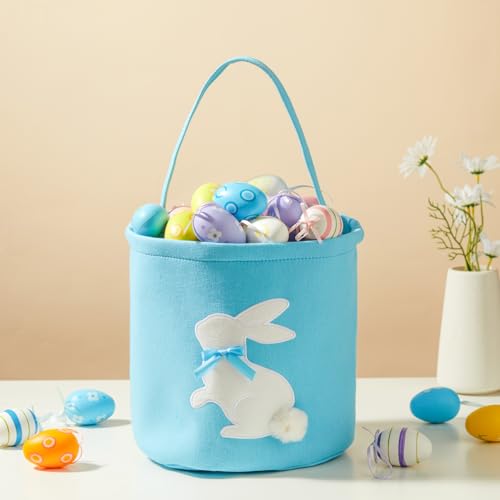 Image of 2 Pcs Embroidered Easter Basket with Handle for Egg Hunts, Easter Gifts, Easter Egg Collection, Gift (Pink and Blue)
