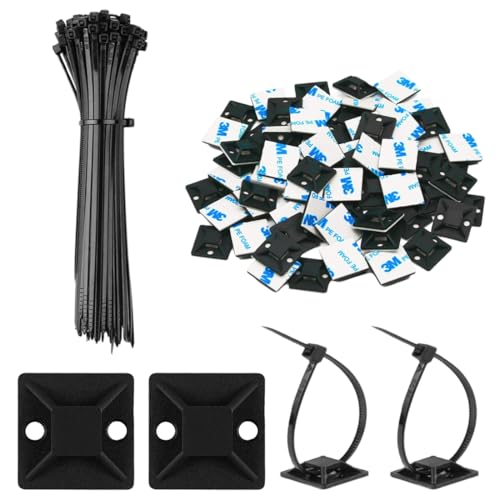 100 Pièces Serre-Câbles en Nylon avec 100 Pièces Supports Adhésifs, Attaches Câbles Réutilisables pour Gestion de Câbles, Colliers de Serrage Plastique pour Bureau, Jardin et Maison (Noir)