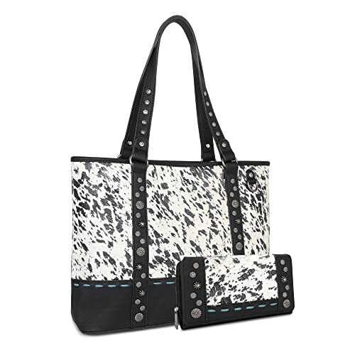Trinity Ranch Genuine Hair-On Cowhide Collection Tote For Women Western Shoulder Handbag With Wallet Tr140G-8317Bk+W #TOP25