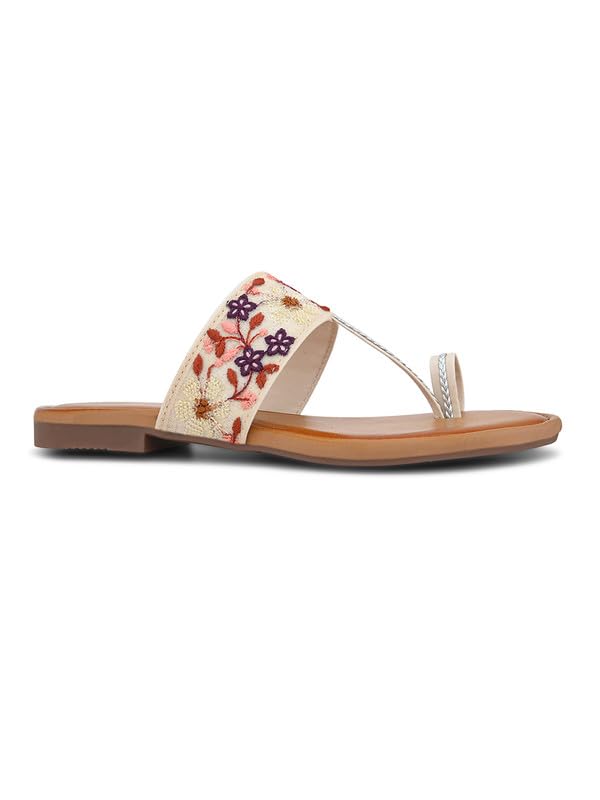 Image of XE Looks Women's Embroidered Toe-Ring Flats | Elegant Floral Strap Design with Cushioned Footbed | Stylish & Comfortable Ethnic Sandals for Girls & Women