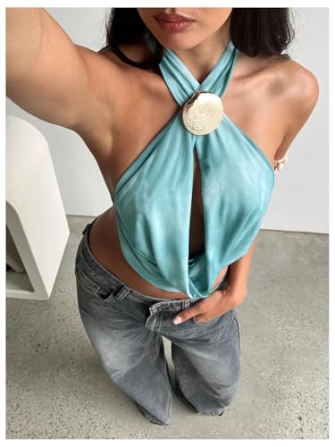 SOLY HUX Women's Backless Halter Crop Top Cowl Neck Tie Back Sexy Going Out Tops Vacation Outfits2