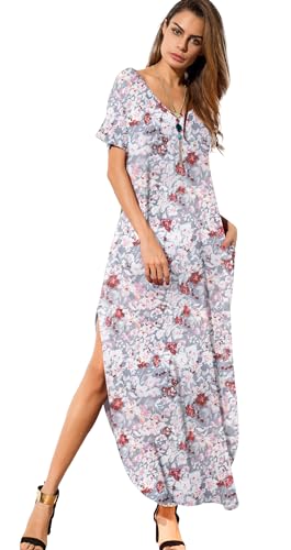 Image of GRECERELLE Women's Summer Maxi Dress Casual Loose V Neck Short Sleeve Side Split Long Dresses with Functional Pockets