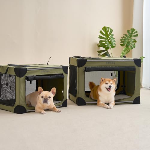 Image of EHEYCIGA Collapsible Dog Crate 30 Inches, Portable Travel Crate for Medium Dogs, Soft Foldable Pet Kennel with 4-Door Mesh Windows Indoor & Outdoor, Green