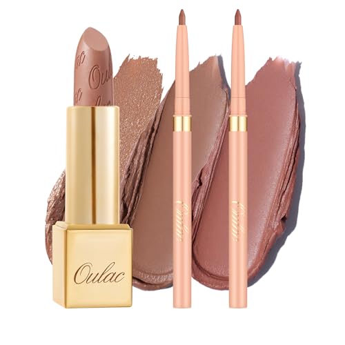 OULAC Lipstick Set, Lippenstift Lipliner Set Metallic Glanz Finish, Glitzer Lippenstifte mit Lang Anhaltendem 3D-Glanz, Intensive Farbe, Cremige und Feuchthaltende Formel, Vegan, 4.3g 3PCS