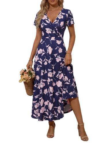 Image of HUHOT Women's Short Sleeve Wrap V Neck Dresses for Wedding Guest Summer Floral Maxi Sundresses with Pockets Boho Dress