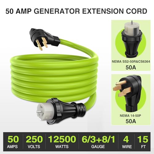 Image of Nilight 15FT 50 Amp Generator Extension Cord 250V Heavy Duty 6 /3+8 /1 Gauge Pure Copper STW Wire ETL Listed 4 Prong 14-50P SS2-50R&CS6364 Suit for RV Camper Outdoor Use Bright Green
