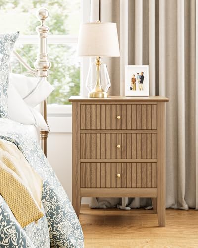 Image of Fluted Nightstand, Farmhouse Night Stand with 3 Drawers, Mid Century Modern Side Accent Table,Bedside End Table for Bedroom, Living Room, Natural