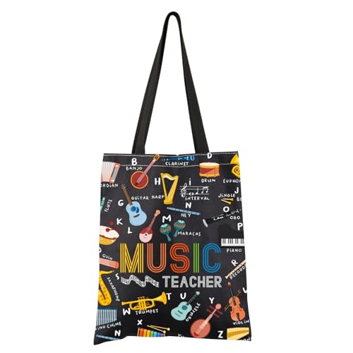 FEELMEM Mala de mão para professores de música, alfabeto, presente para professores, piano, violino, trompete, músico, presente para músicos, bolsa de agradecimento para professores, Bege