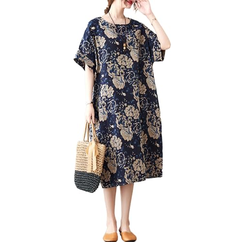 Image of LUZU JUNU Women's Summer Baggy Plus Size Loose Cotton Linen Long Boho Beach Dress with Pockets