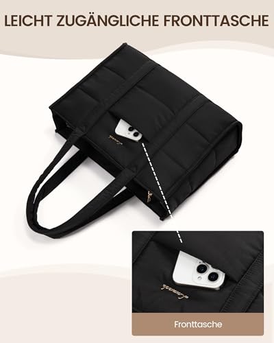 LOVEVOOK Handtasche Damen Groß, Puffer Laptoptasche 15,6 Zoll Shopper Tasche Arbeitstasche Aktentasche, Tote Bag Women Handbag Lehrertasche Schultasche Schultertasche für Uni Business Schule, Schwarz