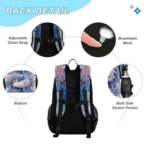 Kids Backpack Axolotl Exploring in Deep Sea Boys Girls School Backpack with Lunch Bag Bookbag Set3