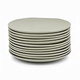 Juego de 12 platos llanos de melamina en color verde. Resistentes y ligeros, ideales para uso diario. Diámetro 28 cm. Apto para lavavajillas. No apto para microondas.