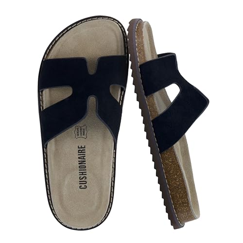 CUSHIONAIRE Wisdom Womens Sandals Cutout Strap Genuine Leather Slides – Slip On Cork Footbed Sandals for Women 2025, BLACK 9 by CUSHIONAIRE - Used condition - US$19.65