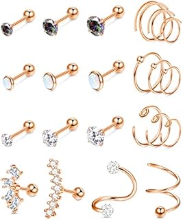 Kakonia 22 Pcs 16G Cartilage Earrings for Women Men Stainless Steel Cartilage Conch Helix Piercing Jewellery Stud Hoop Conch Helix Earrings Set for Multiple Piercing