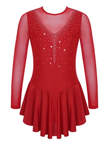inlzdz Maillot de Danza para Niñas Manga Larga Maillot de Patinaje Artístico Competición con Falda Leotardo Ballet Gimnasia Disfraz de Bailarina D Borgoña 9-10 años Cover