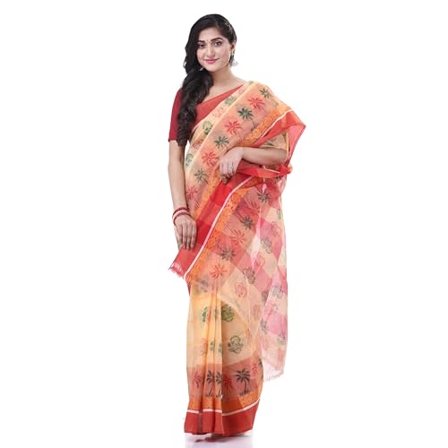 Image of dB DESH BIDESH Women`s Bengal Tant Tree Print Design Pure Handloom Cotton Saree Without Blouse Piece