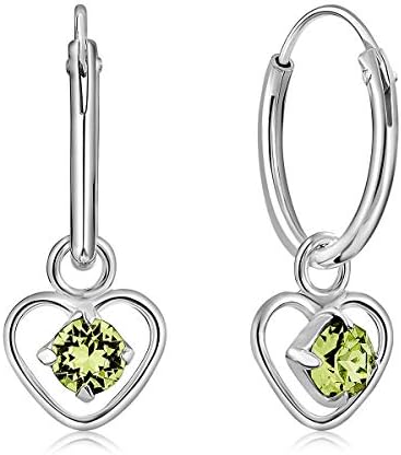 DTPsilver® 925 Sterling Silver SMALL Hoops Earrings & Dangling Heart with 3 mm Glittering Crystals from Swarovski® Elements - Thickness 1.5 mm - Diameter: 14 mm