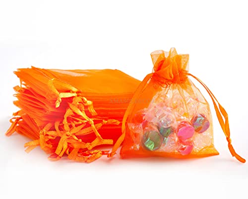 XMASOLDECOR 50PCS Small Orange Organza Gift Bags 7 x 9 cm Jewellery Pouches Wedding Party Favour Candy Bags Drawstring Gift Bag for Anniversary, Birthdays and Baby Showers