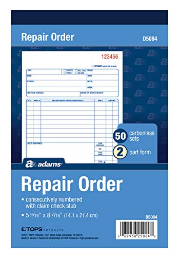 Image of Adams Repair Order Book, Carbonless, 2-Part, White /White, 5-9 /16 x 8-7 /16 Inches, 50 Sets (D5084)