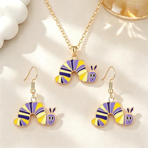 Dreuyet Caterpillar Earrings Necklace Set for Women Cute Green Caterpillar Charm Pendant Cartoon Animal Aesthetic Earring Jewelry Gifts (Purple Yellow) by Dreuyet - Used condition - Image 5