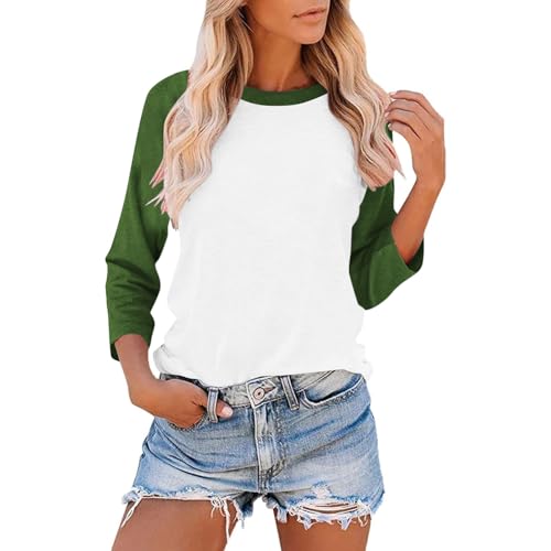 Image of 3/4 Sleeve T-Shirts for Women UK Fashion Colour Block Raglan Sleeves Baseball Tee Shirts Spring Summer Fall Tops Casual Loose-fit Crew Neck Tshirt Blouses Sale Order Fashion Womens Army Green