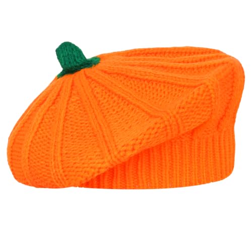 Sucrain Pumpkin Beret Hat Halloween Fall Beanie Knit Hat Warmer Crochet Cap