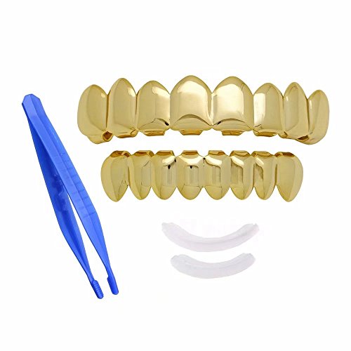Jahyshow 14K Gold Plated Grillz Top Bottom Shiny Hip Hop 8 Teeth Grillz Mouth Set for Your Teeth for Halloween Men and Women