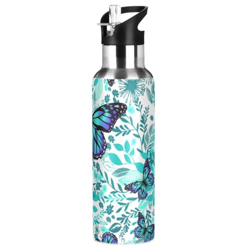 ZZKKO Water Bottle with Straw Butterflies Blue Floral Stainless Steel Iron Flask Capsule Water Bottle Daily Water Intake Bottle Thermos Kids Cups No Spill Women Adult 20OZ/600ML