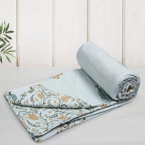 Image of Huesland 100% Cotton Reversible Dohar Toddler Size | Soft Cambric Weave, All Weather Light Comforter AC Quilt | Infants-New Born Blanket | 41x55 inches, Botanical Fusion - Celest Blue, Green & Mustard