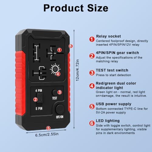 Image of STHIRA DC 12V Automotive Relay Tester for 4PIN and 5PIN Testing, USB Rechargeable Car Relay Voltage Tester with Switch & Light Indicator, 5V DC, 1A-2A Input, Universal Relay Tester Device