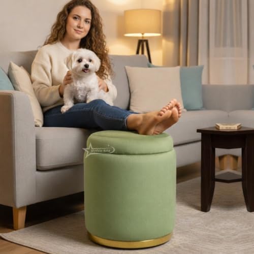 Image of Velvet Round Single Strip Ottoman Office Stool Foot Rest Stool Velvet Fabric Padded Seat Pouf Ottoman 16 X 16X 19 inch, in Round Shape for Living Room Pista Green