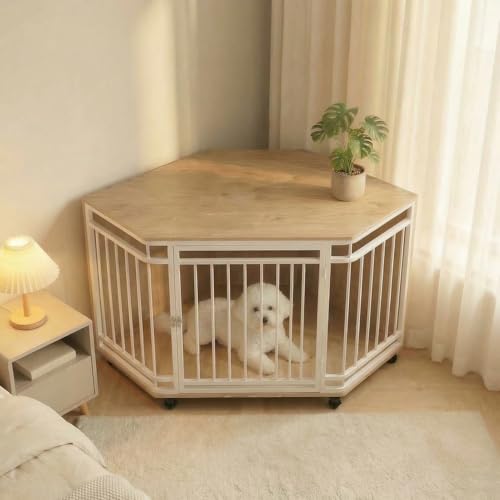 VOWNER Ecke Hundekäfig, Holz Hundebox mit abschließbarer Tür, Möbelstil Haustierbox für Zuhause, Leicht zu reinigen und platzsparende für kleine/mittlere Hunde, 110 X 66 X 60 cm, Weiß