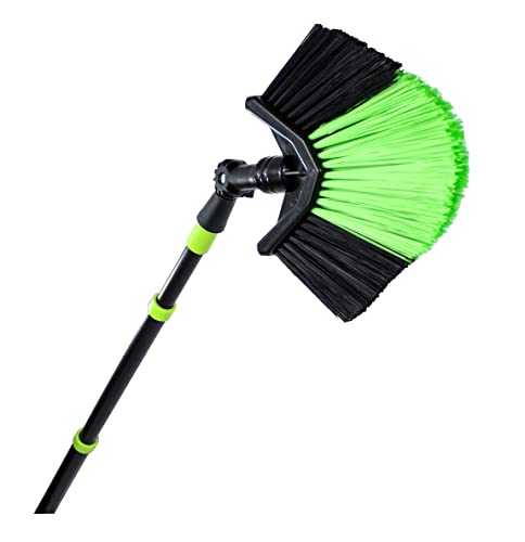 Triangular Broom Dust Brush Corner Broom Black / Green with Telescopic Handle up to 3.3 m Extendible with Synthetic Bristles and Angled Head