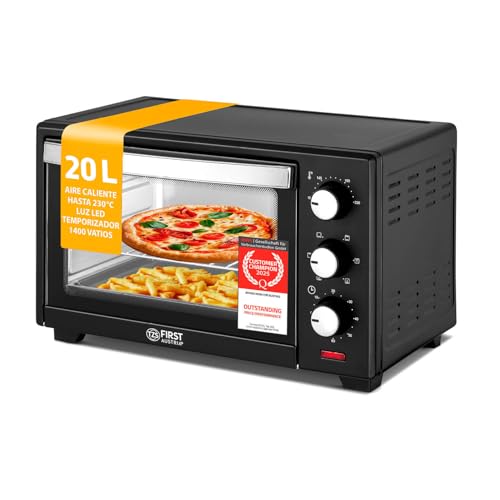 TZS First Austria   Mini Horno 20L 1380W   Minihorno con regulación de temperatura hasta 230°C   Con temporizador 60 min, 3 alturas de inserción, bandeja y parrilla   Para cocinas pequeñas y camping