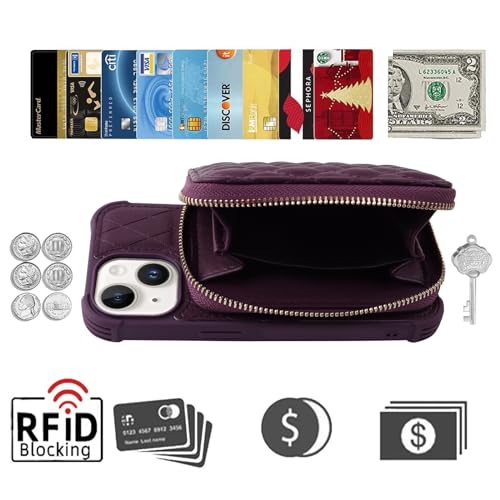 Image of MONASAY Zipper Wallet Case Compatible for iPhone 15 Plus /14 Plus,[Screen Protector][RFID Blocking] Flip Leather Handbag Phone Cover with Card Holder and Crossbody Lanyard Strap, Purple