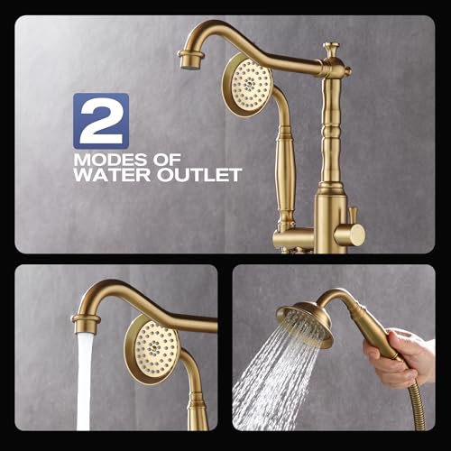 Grifo de bañera independiente, grifo de piso para bañera de baño, grifos de ducha para bañera independientes con rociador manual, acabado brushed gold miniatura 4