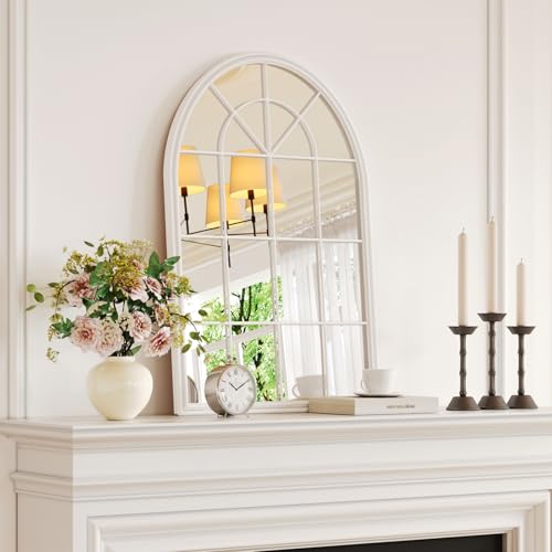 Image of Window Mirrors for Wall Decor - Large Farmhouse Arched Window Pane Mirror Decor Living Room,Ideal Wall Mounted Mirror for Entryway, Fireplace, Dining Room,Bedroom,36 inchX24 inch White Metal Framed