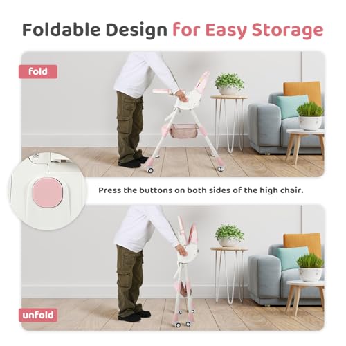 Image of 6 in 1 Baby High Chair Foldable Portable High Chairs for Babies and Toddlers Adjustable Height and Backrest with Footrest and Wheels