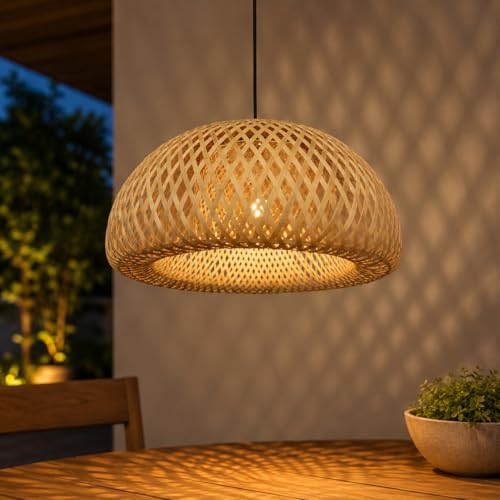 Luminária de Teto Lustre Pendente Bambu Fee Utilidades Malibu Rústico 30cm Fibra Natural Trançado Artesanal Para Sala Cozinha Varanda Gourmet