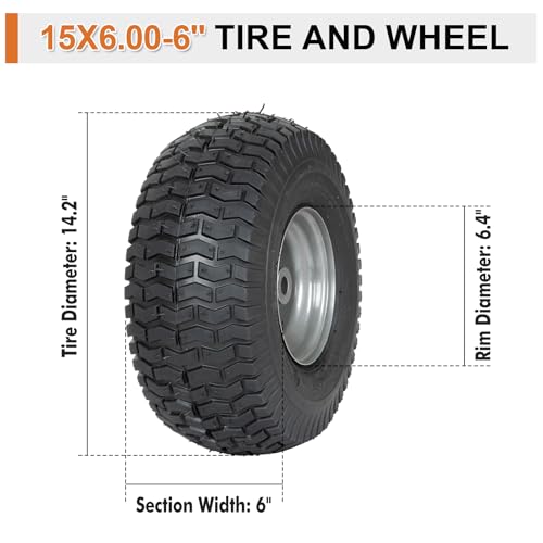 Image of 2 Pack 15x6.00-6 Lawn Mower Tire and Wheel Assembly, 3 inch centered Hub, 3 /4 inch Bushing, 15x6-6 Front Tires Compatible with Craftsman Riding Mowers Lawn Tractors