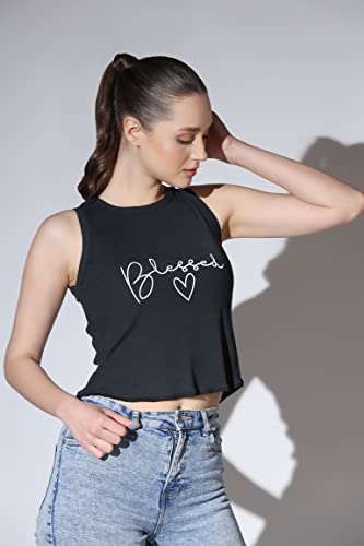 Image of OM SAI LATEST CREATION Crop Tops for Women || Ribbed Solid Chest Printed Crop Top for Girls || Text & Hart Print with Round Neck & Sleeveless Crop Top for Women || Tank Top.