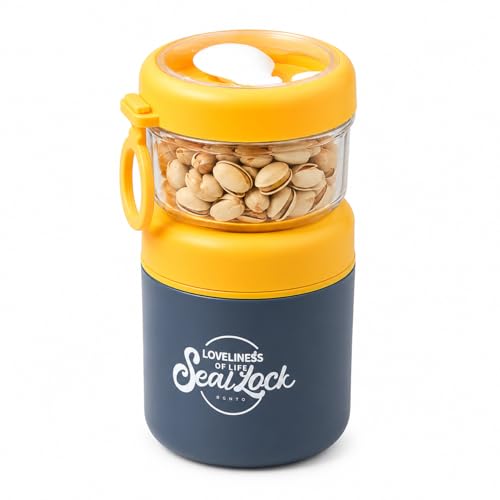 Image of 860ML Double Layer Lunch Container for Office & School, Insulated Food Jar with Snack Compartment, Leakproof Portable Bento Box, Round Lunch Box for Men Women Kids - Blue