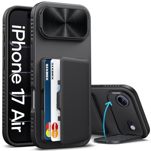SIXBOX for iPhone Air Case Wallet, Built-in Stand & Card Holder & Camera Cover, Rugged Military Grade Drop Protection Heavy Duty Hard Protective Phone Cover Case for iPhone Air 6.5" 2025, Black