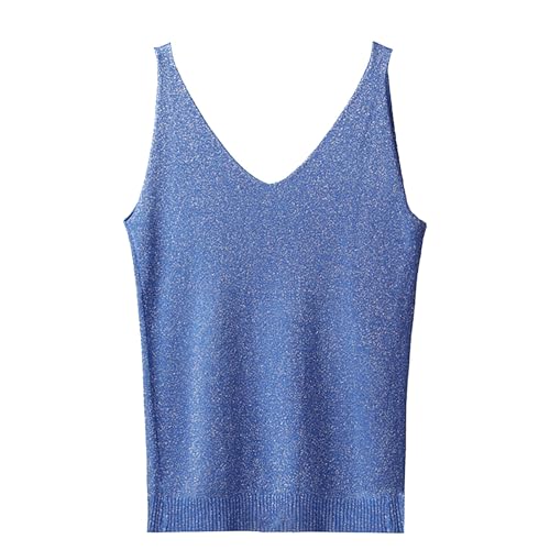 Haut à Paillettes pour Femme - Col en V - Bleu à Paillettes - Débardeur à Paillette - 2026 Crop...