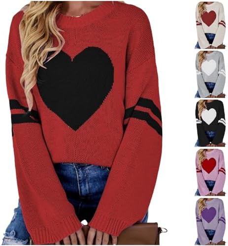 Heart Sweater for Women Valentines Long Sleeve Crewneck Knitted Sweaters Cute Pullover Sweatshirt Holiday Outfit Tops