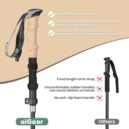 aiGear 2 Pack Collapsible Lightweight Trekking Poles, Adjustable 7075 Aluminum Hiking Poles with Anti-Shock EVA Foam Grips Quick Lock System & 4 Terrain Tips for Men & Women Travel, Trails & Balance - Thumbnail 3